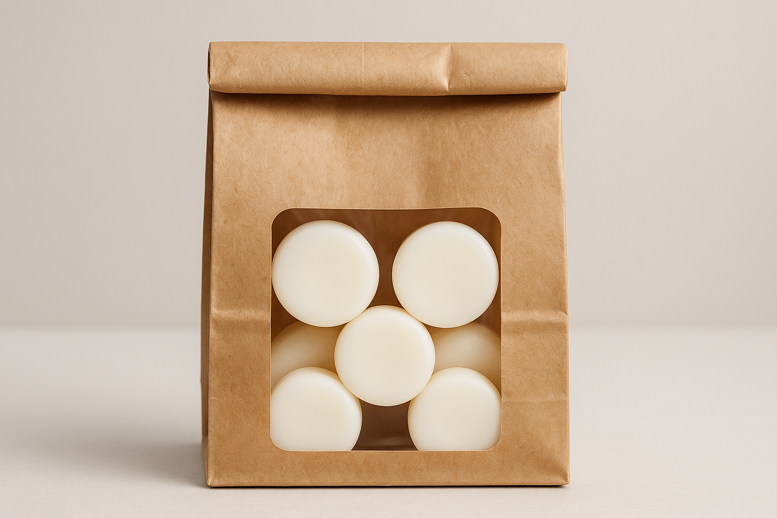 make the kraft bag folded down from the top with only 6 round wax melts inside